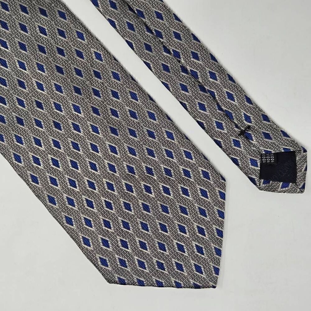 BETTINI HAND MADE SILK TIE SILVER GRAY BLUE DIAMONDS TEXTURED 3.75" X 57"